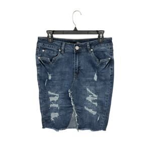 Y2K Style BBJ Los Angeles Distressed Blue Denim Skirt Front Slit Size Large